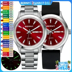 Reloj BERNY para hombre, calendario luminoso con fecha y semana, relojes de cuarzo para hombre, reloj de pulsera de negocios de silicona suave de acero inoxidable