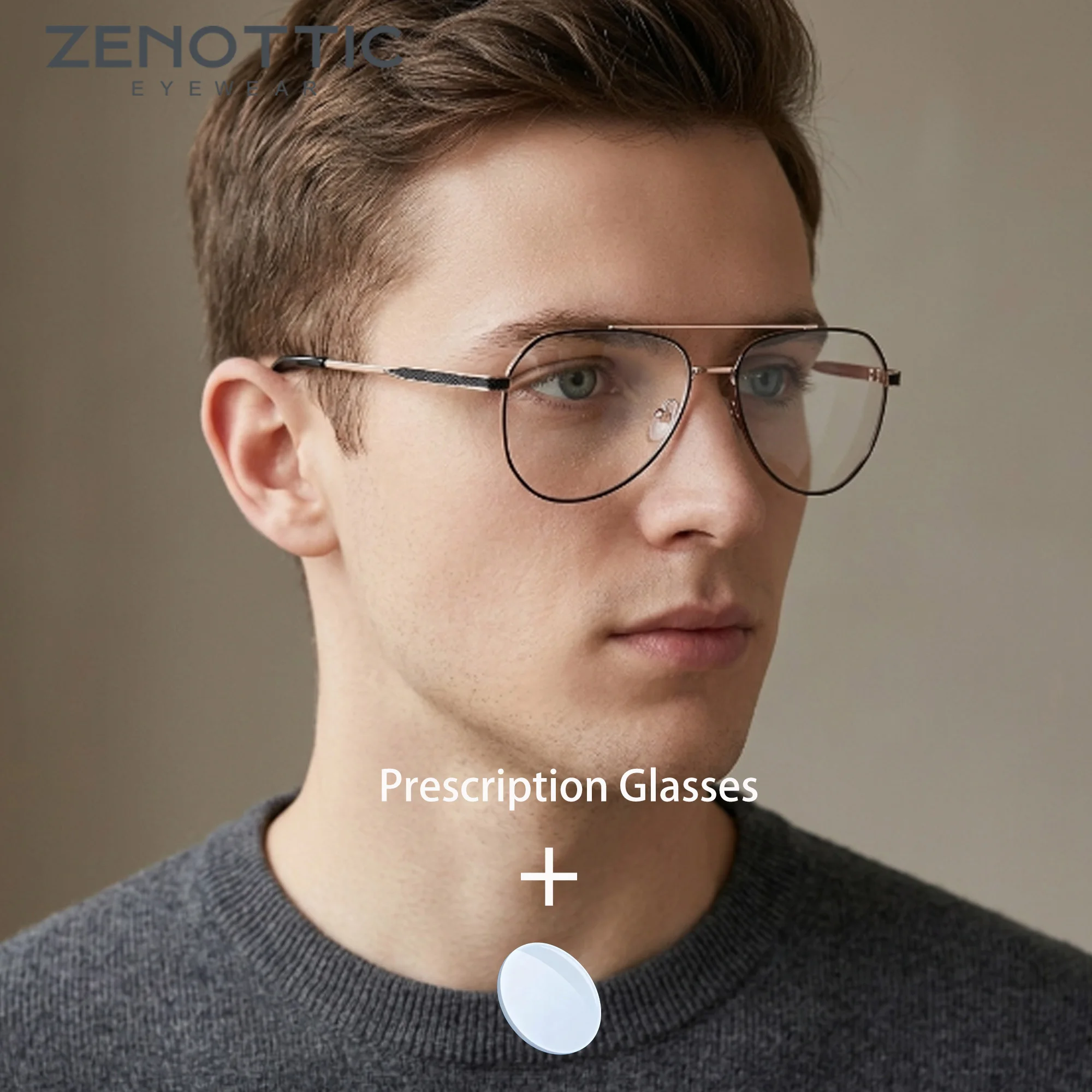 ZENOTTIC Men Pilot Metal Frame Custom Prescription Eyeglasses Blue Light Shield Myopia Simple Casual Eyewear