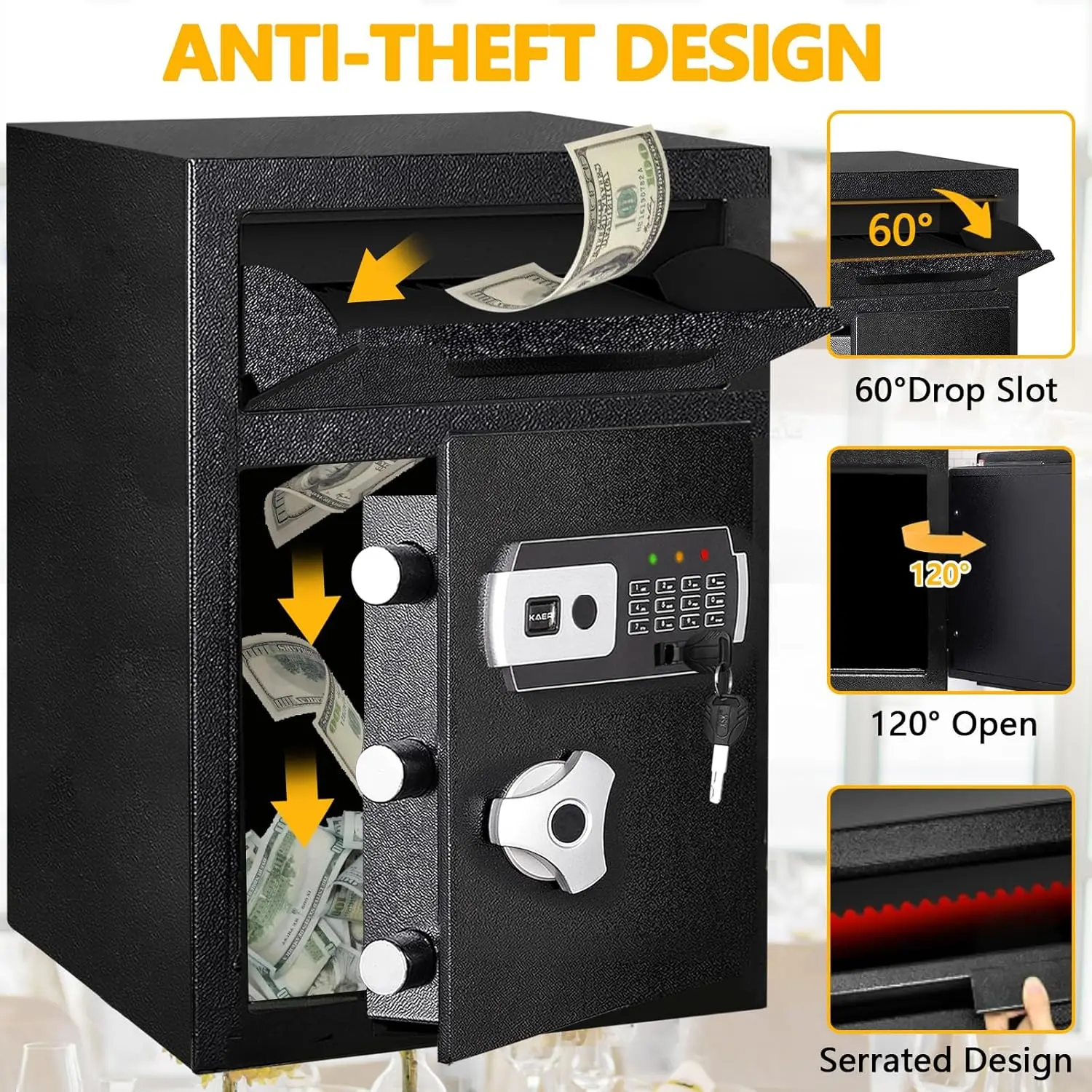 2,6 CUB Depository Drop Safe Feuerfest, Front Drop Slot Lock Box mit digitaler Kombination und Anti-Angeln, Silent Deposit Safe