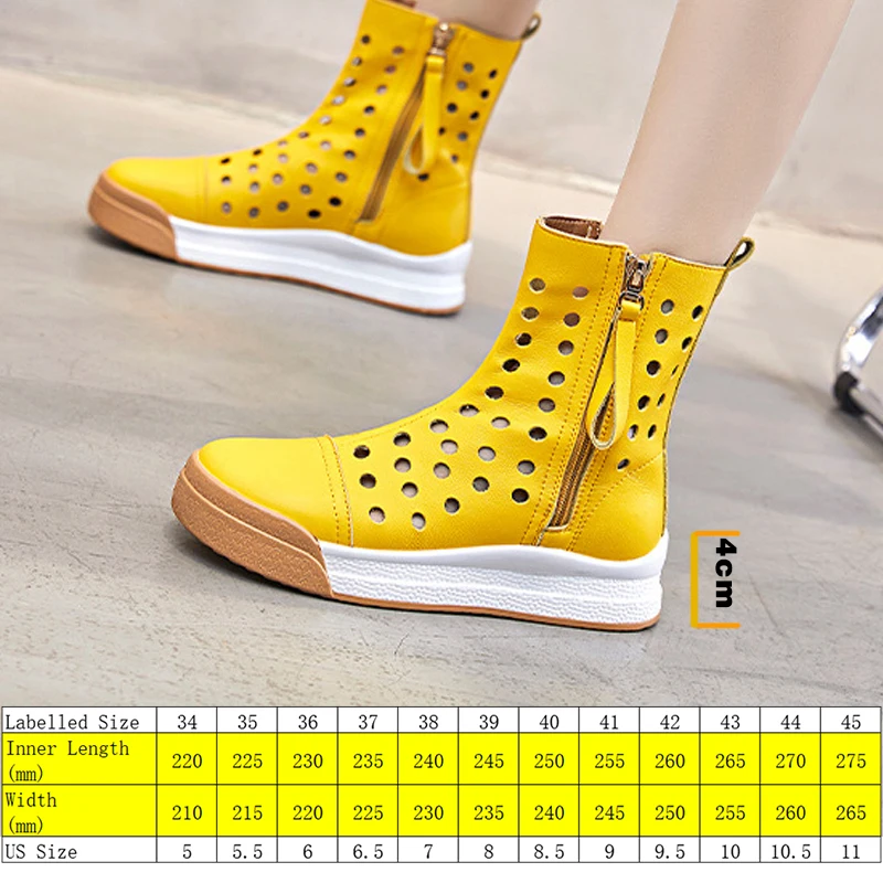 Fujin Genuine Leather Women Boots Hollow Air Mesh Women Summer Shoes Motorcycle Zip Summer Boots Ankle Platform Shoes Punk