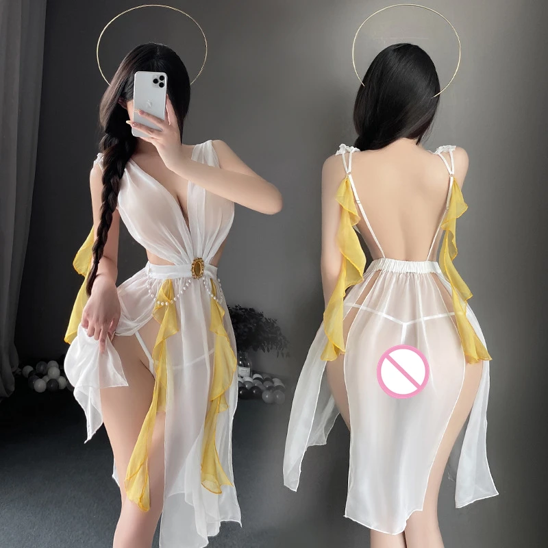 

Erotic Lingerie Sexy See-through Deep V-neck Beaded Open-back Flowing Long Dress Role-playing Costume