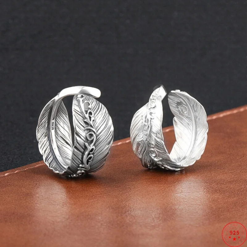 S925 Sterling Silver Charms Rings for Men Women Relief Eternal Rattan Feather Pattern Punk Retro Simplity Jewelry