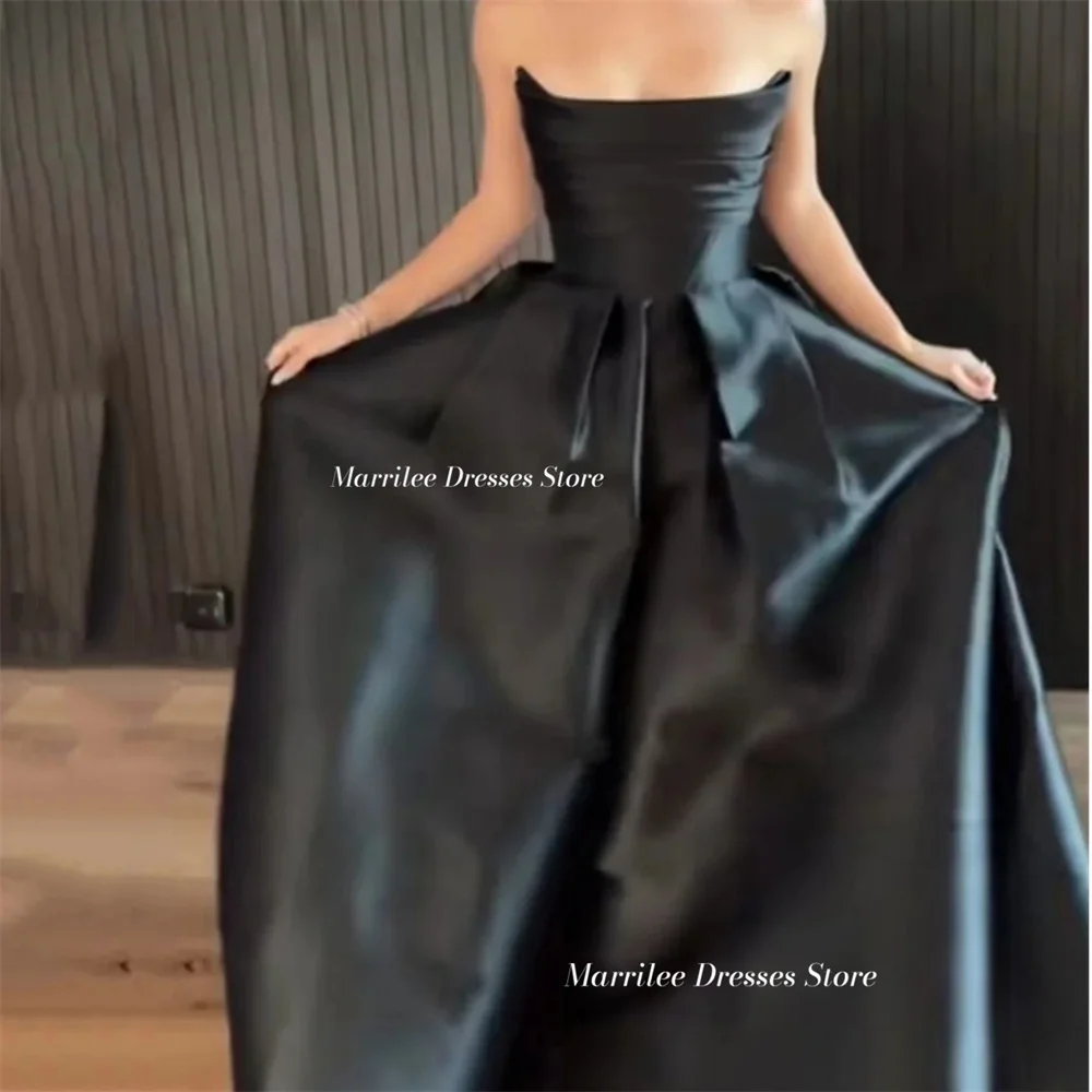 Marrilee Sexy A-Line Floor Length Black Stain Evening Dresses Sleeveless Boat Neck Strapless Backless Lace Up Formal Prom Gowns