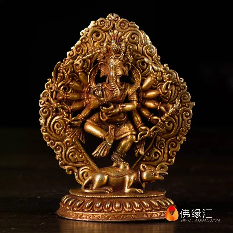 - God of Wealth and Fortune, 4-inch Fully Gilt Bronze Twelve-Armed Elephant-Nosed Buddha Statue