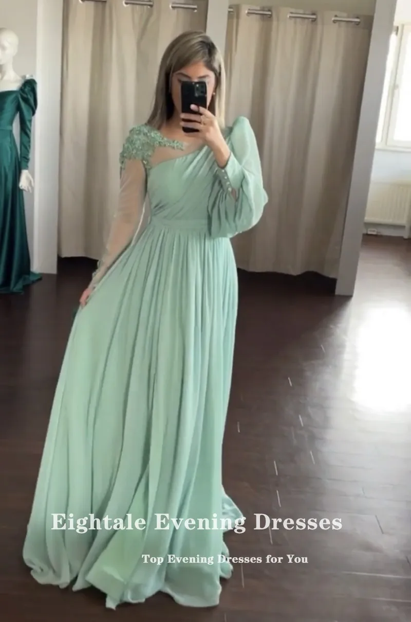 Eightale Elegant Evening Dresses for Wedding Party Long Sleeves Appliques Beaded O-Neck Pale Green Arabic Customized Prom Gowns