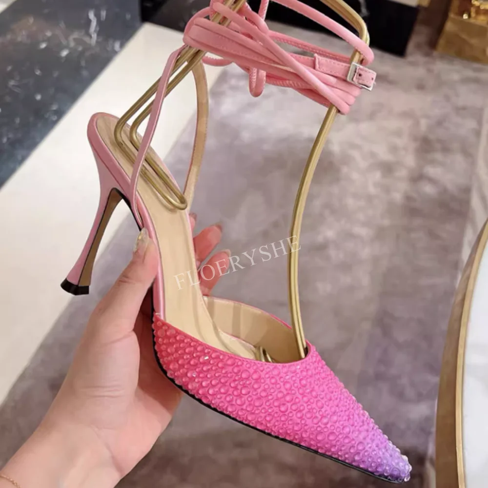 Blue Summer Rhinestone Stiletto Pumps New Arrival Solid Luxury Women Ankle Strap Buckle Thin High Heel Party Sexy Design Shoes