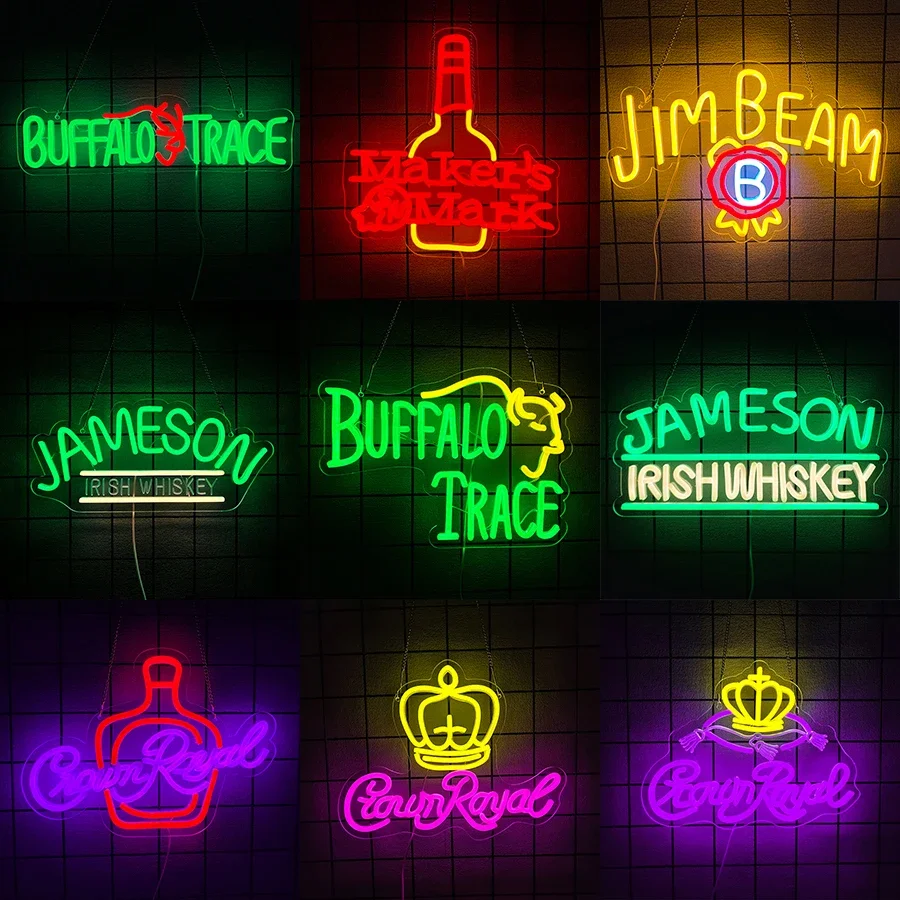 Letrero de neón de whisky de búfalo para decoración de pared, letreros de whisky canadienses de Jameson/Maker Mark/Crown para decoración de fiesta de bistró de Pub de cueva de hombre