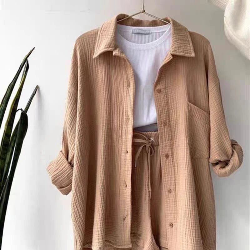 Wrinkled Shirt And Blouses Woman Long Sleeve Pockets Top Lace-up Wide Leg Short Pants 2-Pieces Solid Casual Sets Office Lady New