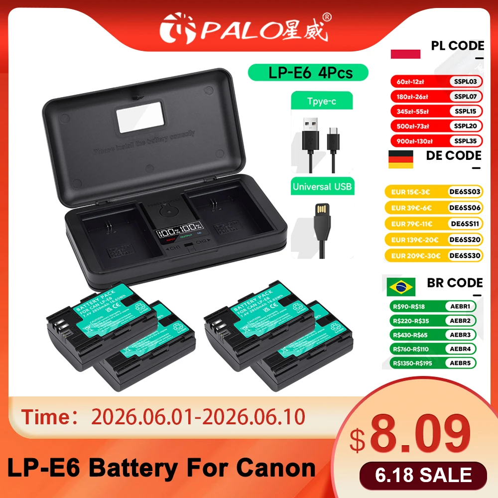 

2850mAh LP E6 LPE6 LP-E6 E6N Battery+LCD Dual Charger for Canon EOS 6D 7D 5D Mark II III IV 5D 60D 60Da 70D 80D 90D 5DS R5 R6