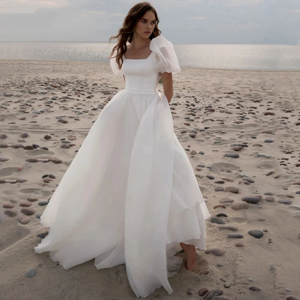 Vestido De Novia De Organza con cuello cuadrado y mangas abullonadas, Vestido De Novia blanco Simple De lujo, Vintage, sin espalda, W10326