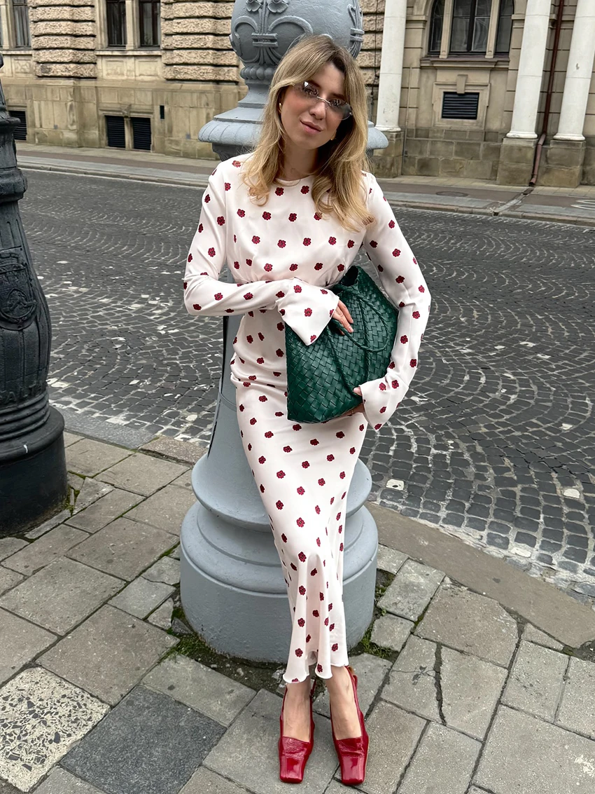 

Marthaqiqi Fashion Ladies Sleepwear O-Neck Nightgowns Long Sleeve Nightwear Printing Ankle-Length Dress Winter Women'S Pajamas