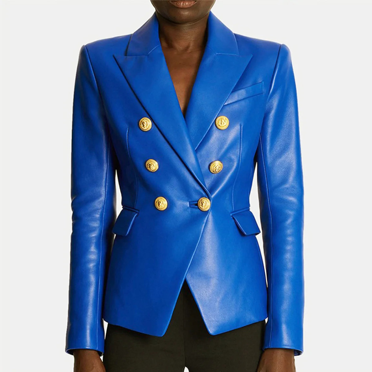 

Осень-зима синий длинный све облегающий костюм для поездок на работу с двойной пуговицей без пояса из искусственной кожи для женщин