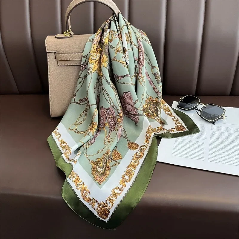 70cm Retro British Chain Printed Silk Scarf Ring Chain Rope Scarves High-end and Versatile Temperament Headscarf Scarf Shawl