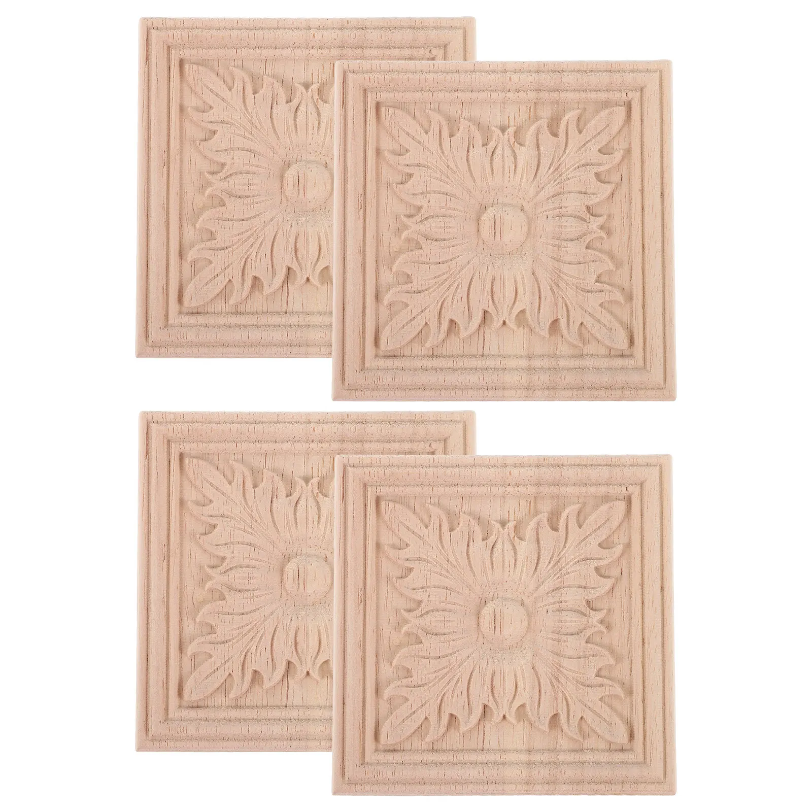 

4Pcs Wood Appliques Decorative Carved Square Onlays for DIY Furniture Bed Door Cabinet Wardrobe Unpainted Wooden Carving Decals