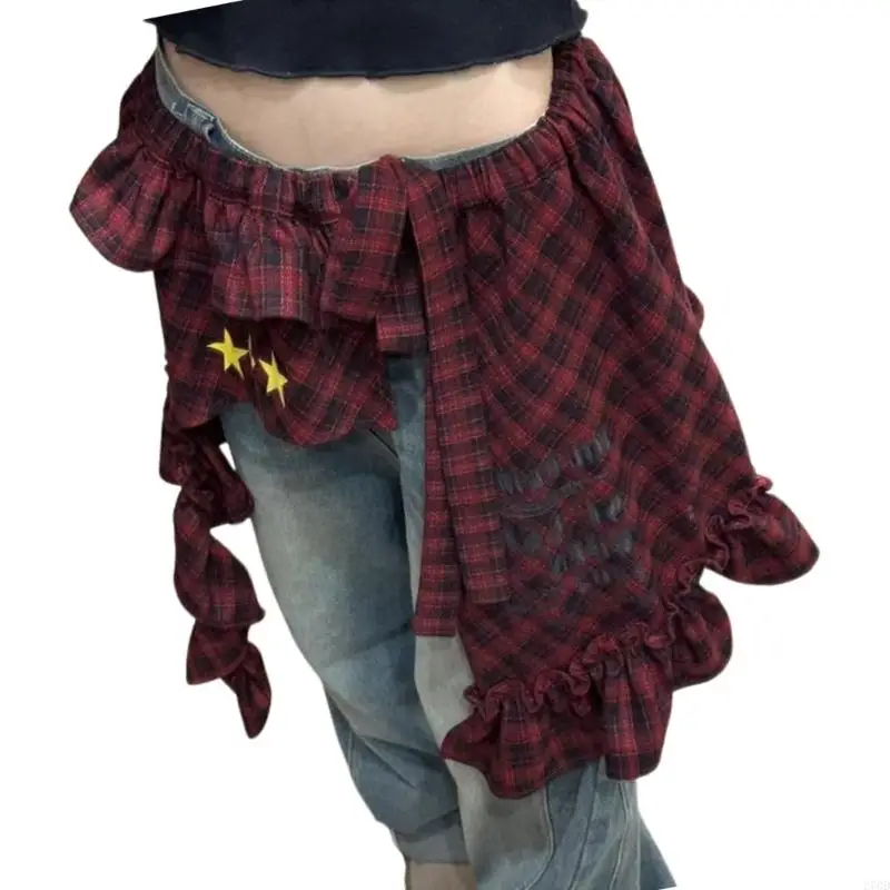 270D TIE TIE خصر الطبقات غلاف غلاف تنورة المدقق النجمة متدفق الورك قميص قميص موسع