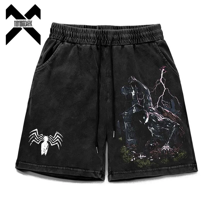 Men Summer Streetwear Creative Graphic Print Shorts Washed Distressed Shorts Loose Casual Trendy Brand Short Trousers