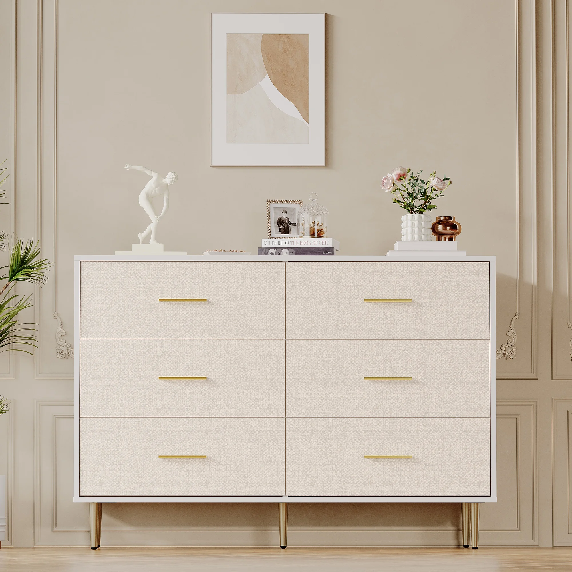 Modern White 6 Drawer Dresser - Gold Metal Legs & Handles - Spacious Double Wooden Chest - Bedroom, Living Room, Entryway Storage Cabinet - 47.2
