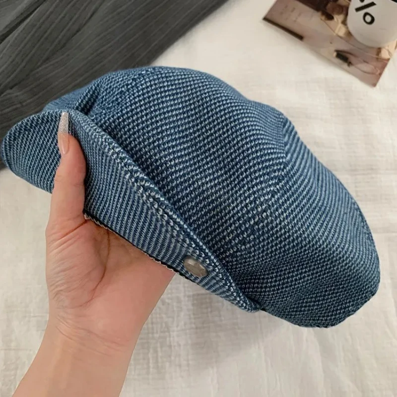 Cloud Beret Newsboy Cap for Women, British Retro Denim Octagon Hat, Large Size Slouchy Artist Driver Cap for Slimming Face