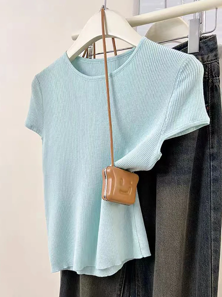 Black Short Sleeve T-shirt Women Knitted Tops Casual Basic O Neck Knit Tshirts Ladies Clothing Summer Fashion Woman Tee Shirts