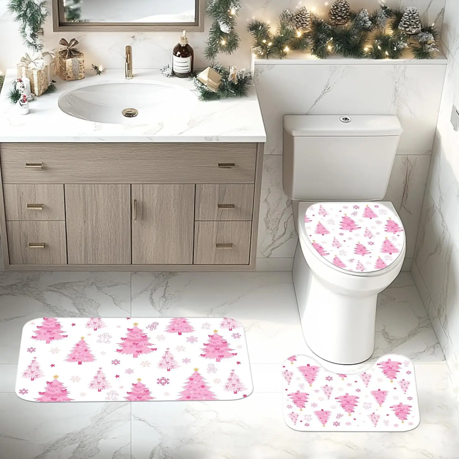 4pcs Set Tirai Kamar Mandi Natal Motif Pohon Natal Pink Lucu dengan Keset Kamar Mandi Anti Selip yang Dapat Dicuci, Penutup Tutup Kloset