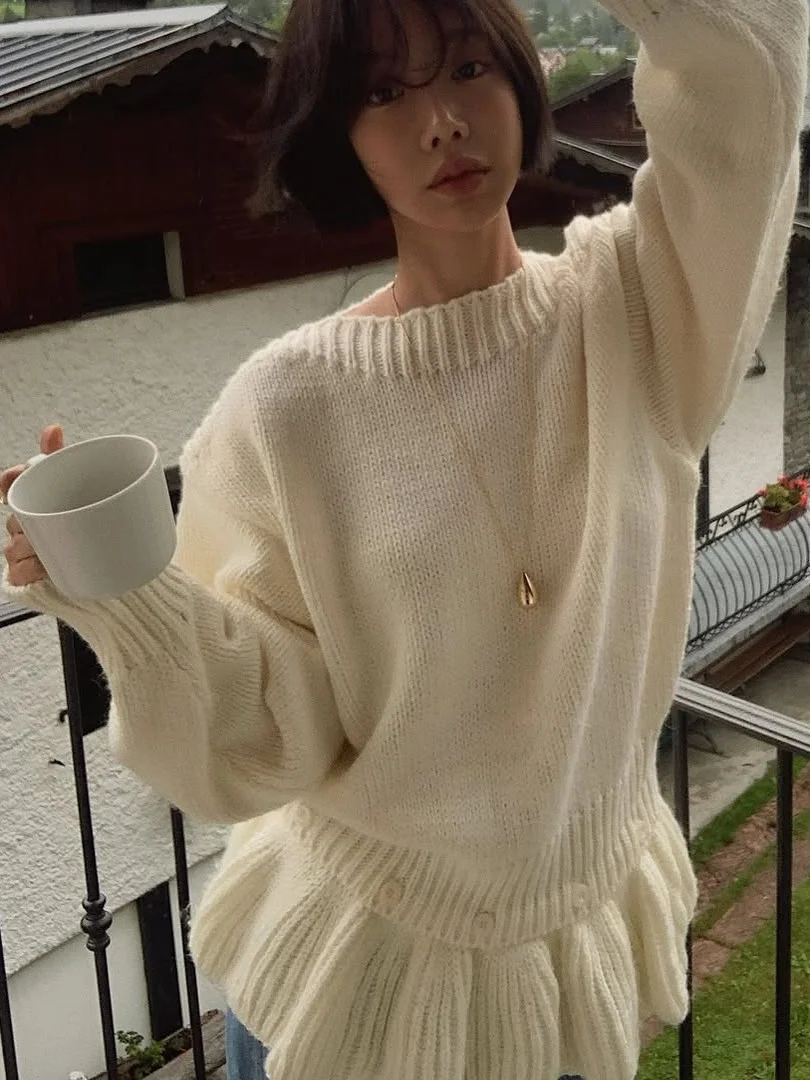 الكورية Sle جولة Ne محبوك سترة المرأة لينة مريحة كسول Sle تنوعا للإزالة تنورة الستار تصميم الخريف الشتاء N... #4