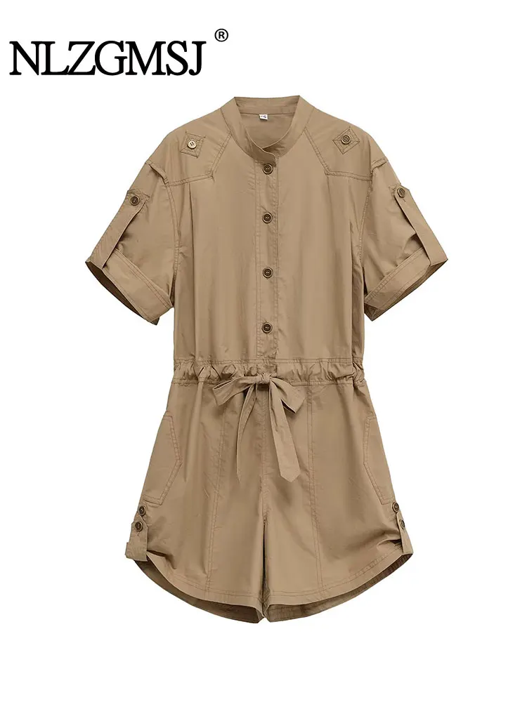 

2025 Spring Summer Casual Women Jumpsuit Single Breasted Short Sleevele Lace-up Jumpsuit Fashion Holiday Playsuit