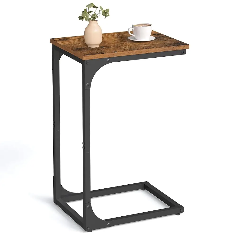 

C-Shaped End Table, Small Side Table For Couch, Sofa Table With Metal Frame For Living Room, Bedroom, Bedside, Rustic Brown And