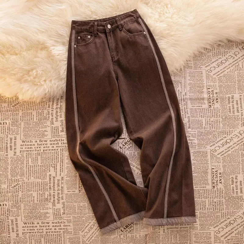 Vintage Coffee Colored Wide Leg Jeans For Women In Autumn And Winter 2025, High Waisted Loose Pear Shaped Straight Leg Pants