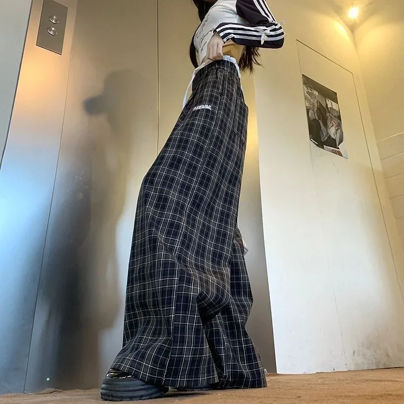 بنطال أمريكي عتيق منقوش بأرجل واسعة، عالي الخصر للربيع/الصيف، فضفاض، كاجوال، مستقيم الساق، بطول الأرض