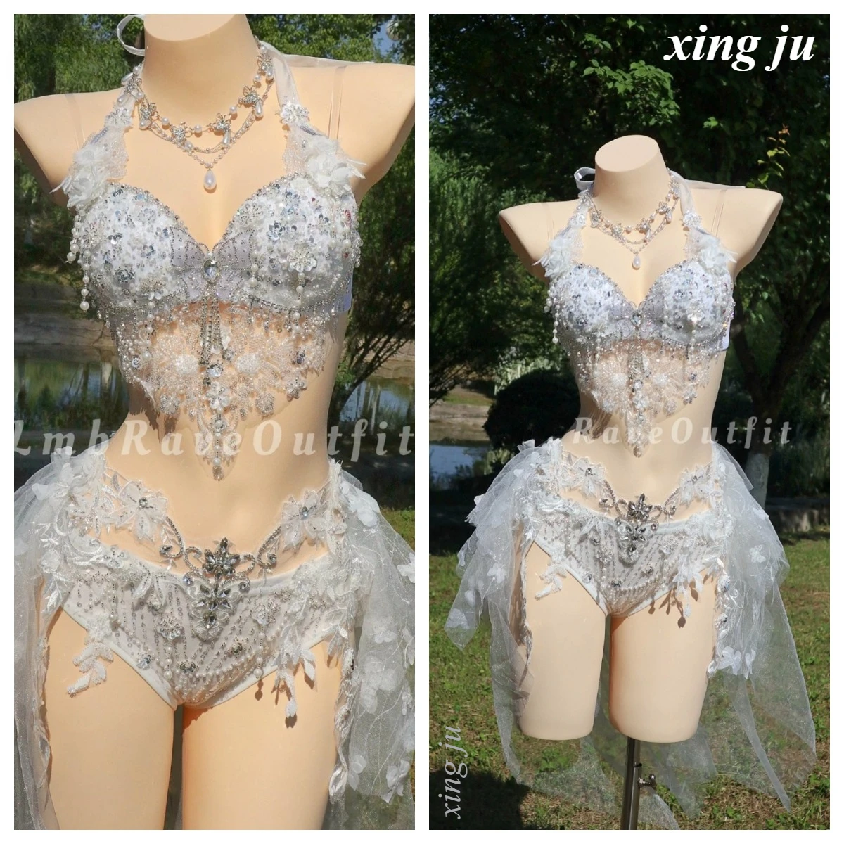 Xing Ju Weiße Luxus-Perlen-Diamant-Top- und Shorts-Kombination für Auftritte, Sexy Enganliegende Bühnenkleidung für Sänger, Tänzer, Nachtclub, Party und Geburtstagsfeiern