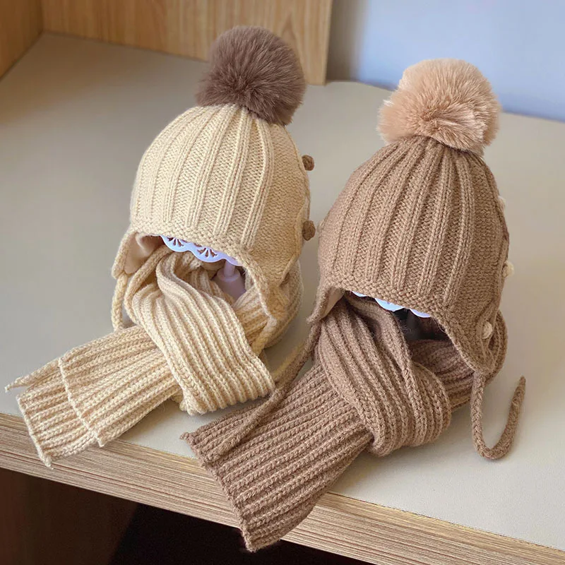 2Pcs Winter Baby Hat Scarf Gloves Set Solid Color Toddler Bonnet Cute Pompom Knitted Hats Outdoor Warm Infant Accessories 1-5Y