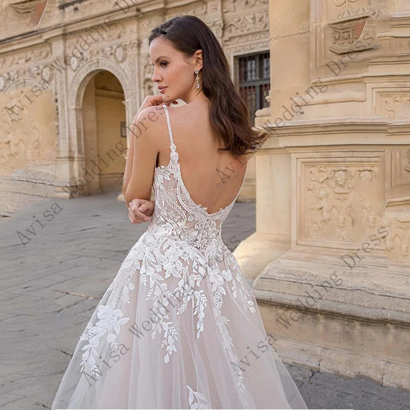 Vestido de novia clásico con tirantes finos, traje de novia con escote en V, sin mangas, corte en A, encaje, espalda descubierta