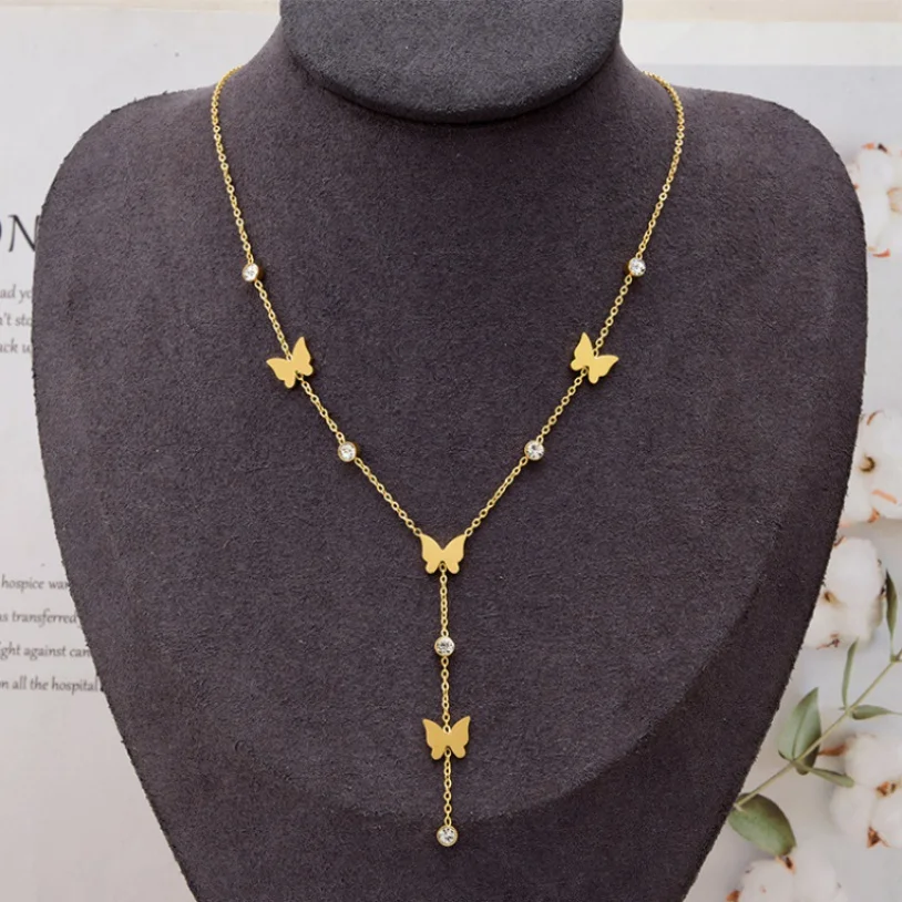 316L Stainless Steel New Fashion Fine Jewelry Embed Zircon Butterfly Tassel Charm Chain Choker Necklaces Pendants For Women