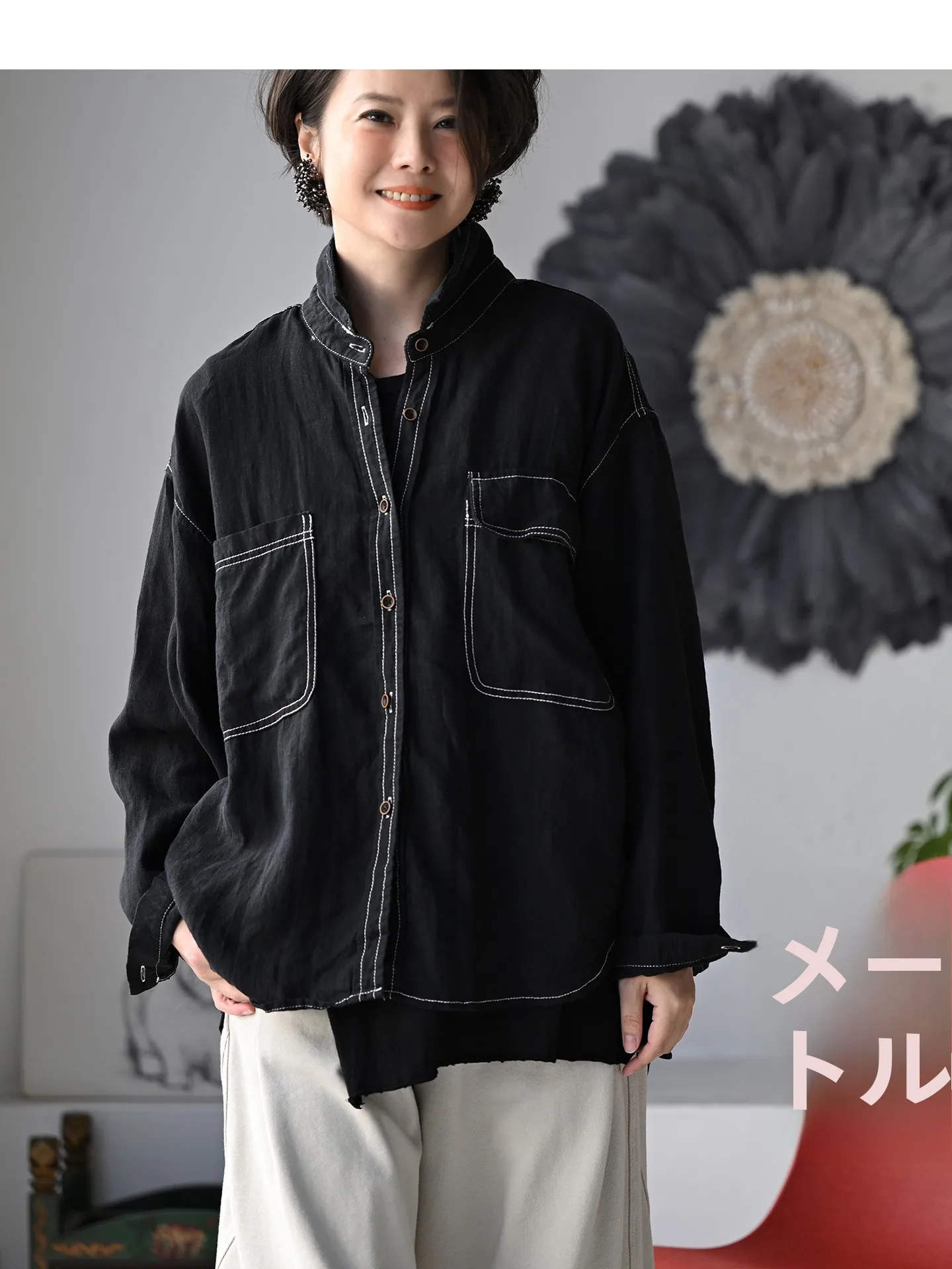 

Casual Loose Women's Linen Shirt Asymmetric Double Pocket Black Straight Stitching Spring Fashion Artistic Leisure C70000