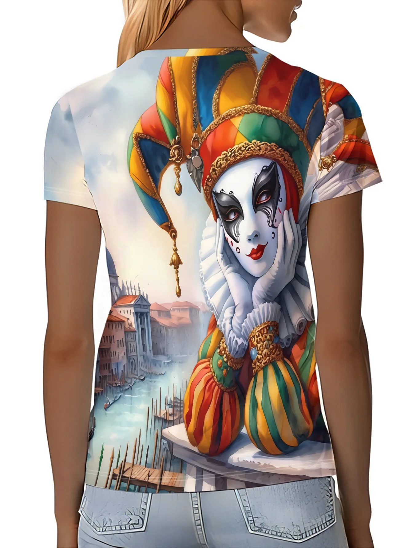 Women Crew Neck Short Sleeve T‑Shirt, Venetian Carnival Jester Mask Venice Cityscape Graphic Casual Summer Tee