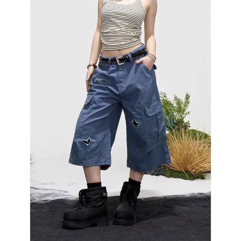 Summer Women's Broken Hole Suture Patch Shorts Streetwear Unisex Knee Length Trousers Female High Waist Wide Leg Half Pants