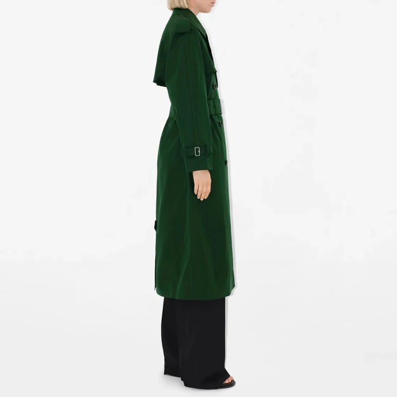 Classic Double-Breasted Knee-Length Women's Trench Coat British Fashion Waist-Cinching Slim Fit Custom Green Cotton Windbreaker