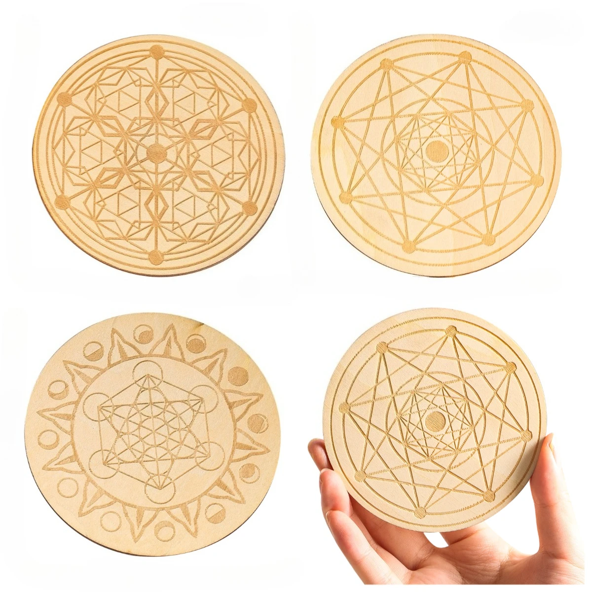 Sacred Geometry Wooden Coaster Chakra Mandala Round Edge Energy Meditation Mat Crystal Stone Grid Board Pad Plate Table Decor