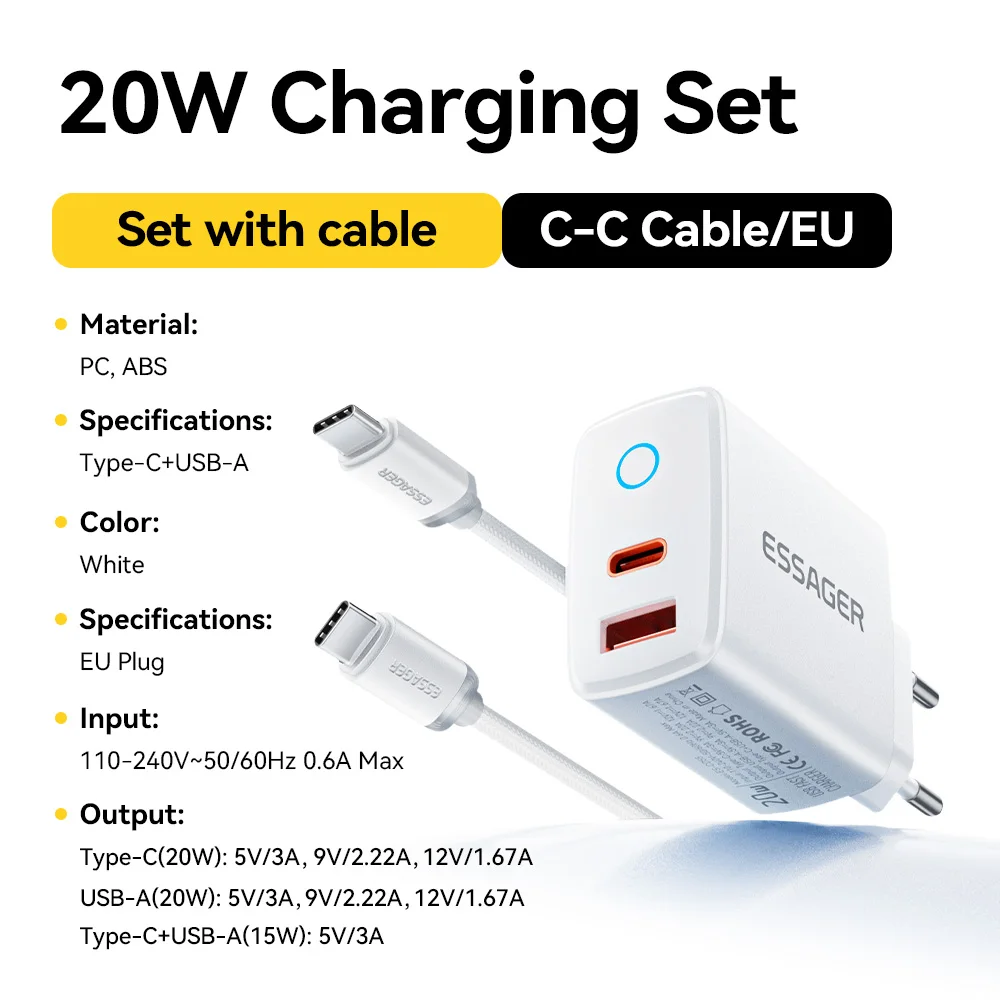 Essager PD 20W USB-C-Ladegerät-Set, schnelles Laden 4.0 3.0 QC PD Ladegerät für iPhone 17 16 15 14 13 12 Pro Max Handy-Ladegerät