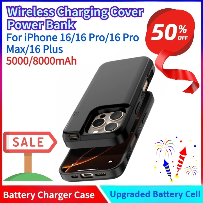 

Brand New 5000/8000mAh Portable Wireless Charging Cover Power Bank for IPhone 16/16 Pro Extended Battery Pack USB-C Battery Case