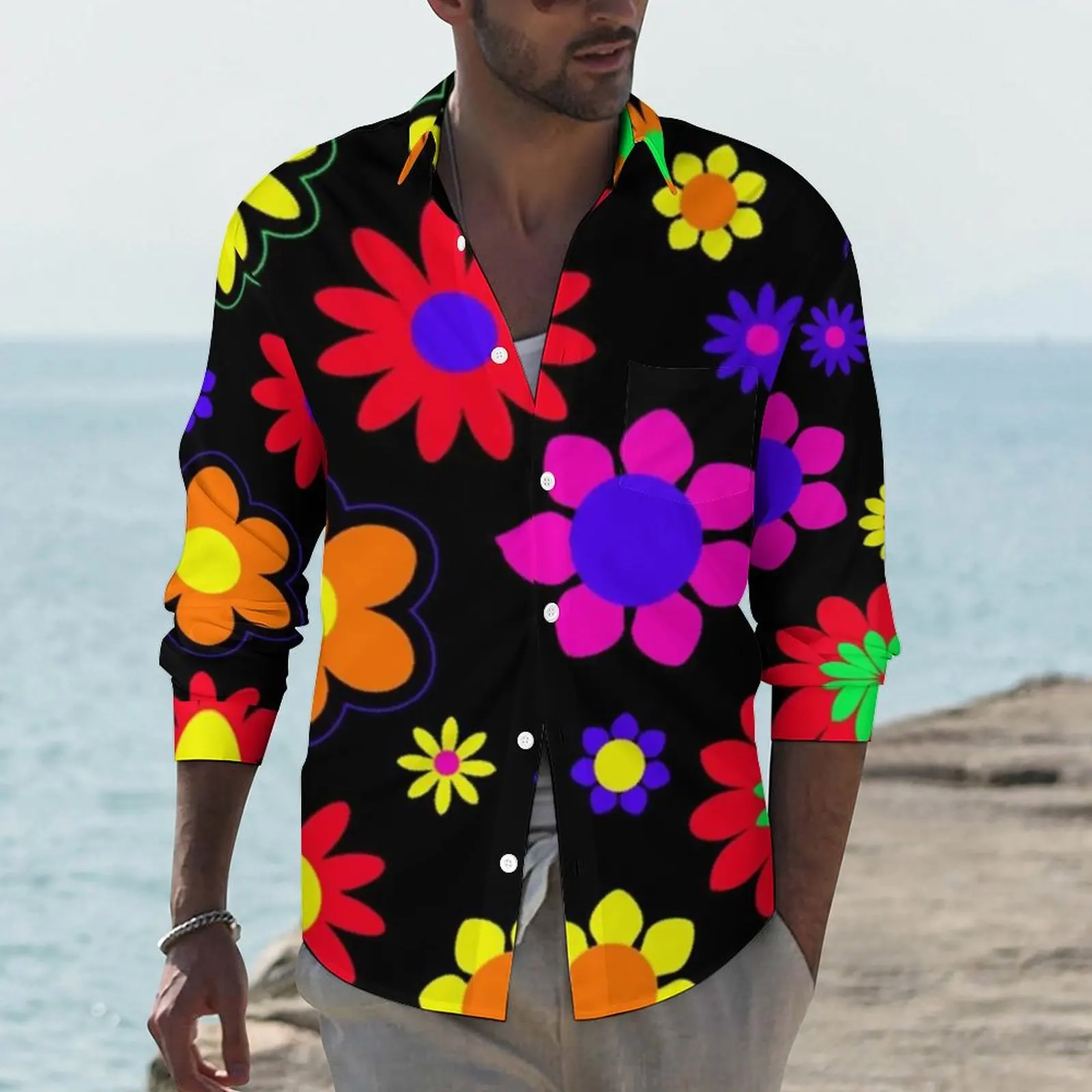 Flower Power Pattern Streetwear Casual Shirt Mens Retro Hippie 60s Shirt Autumn Novelty Blouses Long Sleeve Design Oversized Top