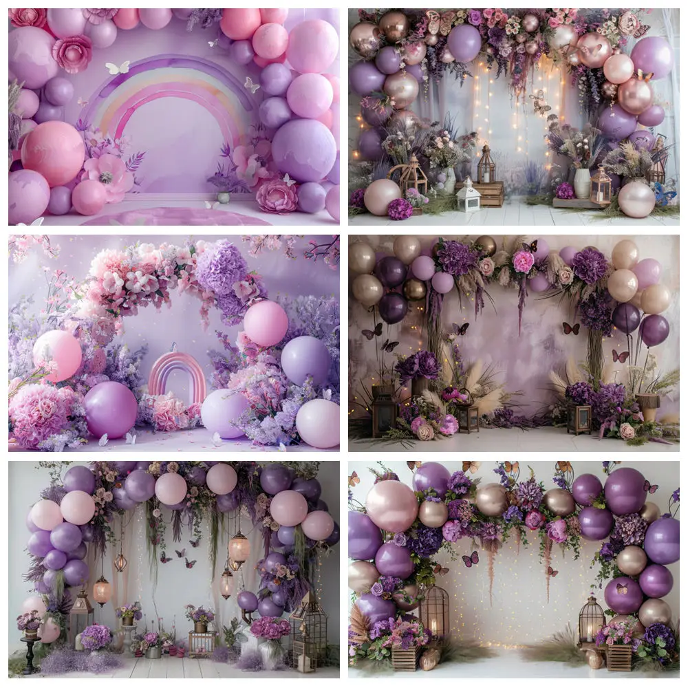 

Purple Balloon Photography Backdrop Flowers Butterfly Arched Balloons Baby Birthday Party Decor Background Photo Studio Props