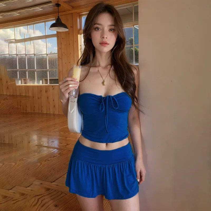 

Women's Casual Strapl Ruffled ort Skirt Suit Spring Faion Set Student Work orm Lightweight Comfortable Material