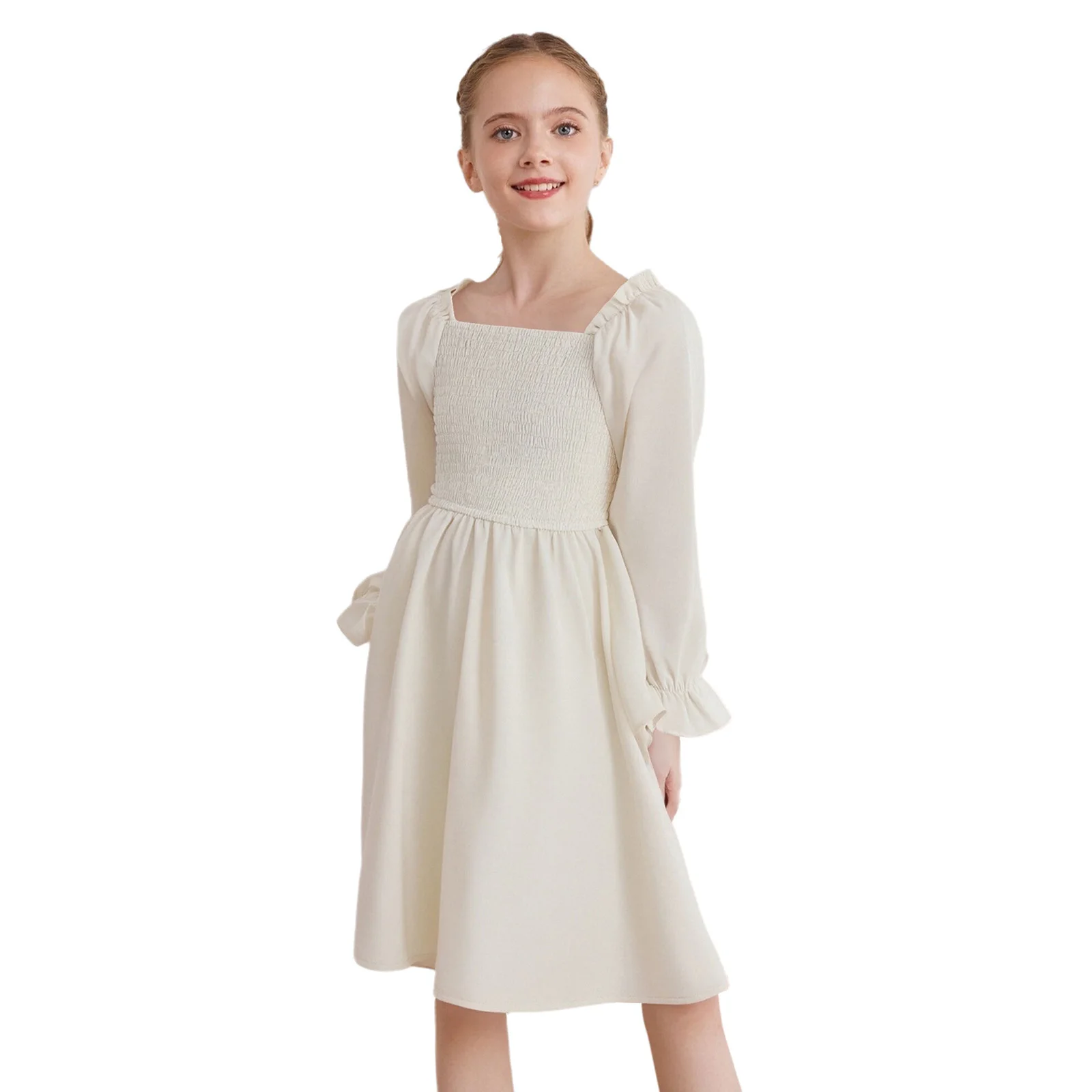

Kids Girls Party Dress Long Puff Sleeves Square Neck Ruffle Smocked Dress for Picnic Vacation Travel Beach Wedding Birthday