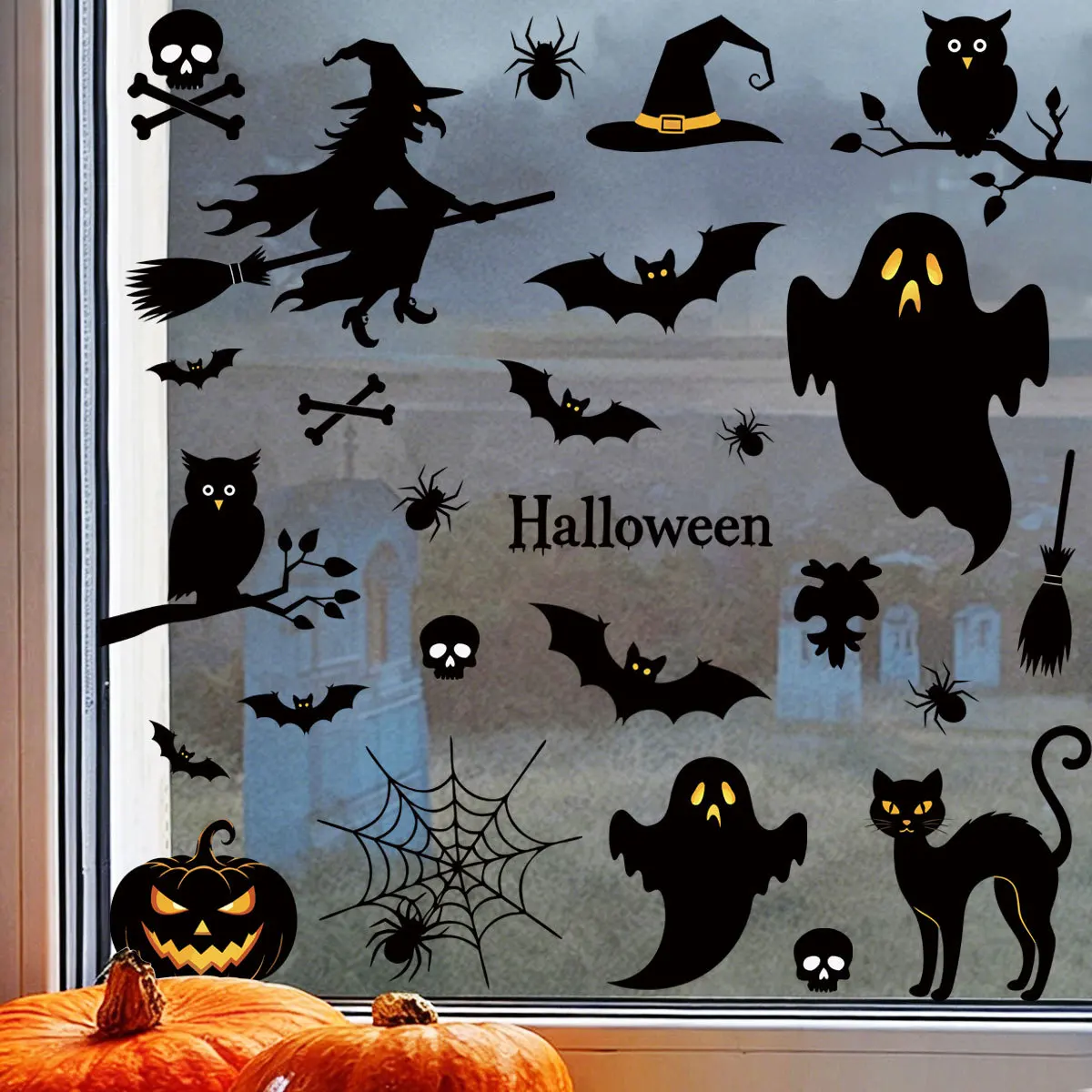 Halloween Atmosphere Window Clings Stickers 6 Sheets 45Pcs Double Sided Static Cling Witch Ghost Bat Pumpkin Owl for Home Party