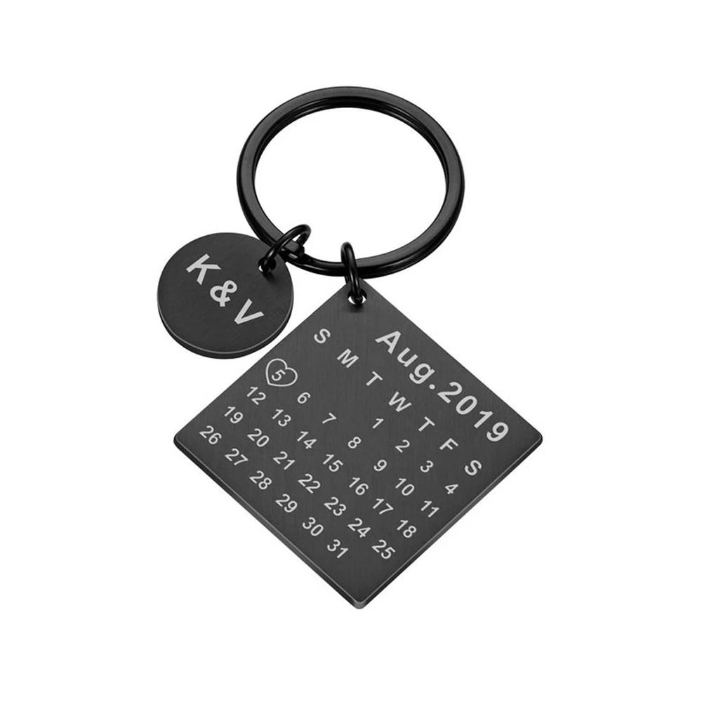 Keychain for Men Custom Stainless Steel Engraved Initials Calendar Date Keychain Wedding Anniversary Gifts Llavero Personalizado