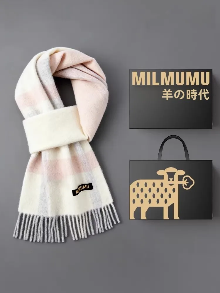 00-ウールチェック柄スカーフ女性の韓国スタイル冬高校生大学生高級軽量冬ネックウォーマースカーフ