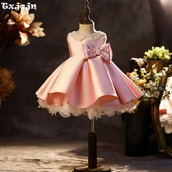 2025 Glitter Pearls Sleeveless Satin Princess Gown Cute Graceful Pink Bow Girls Dresses For School Performance Catwalk Show