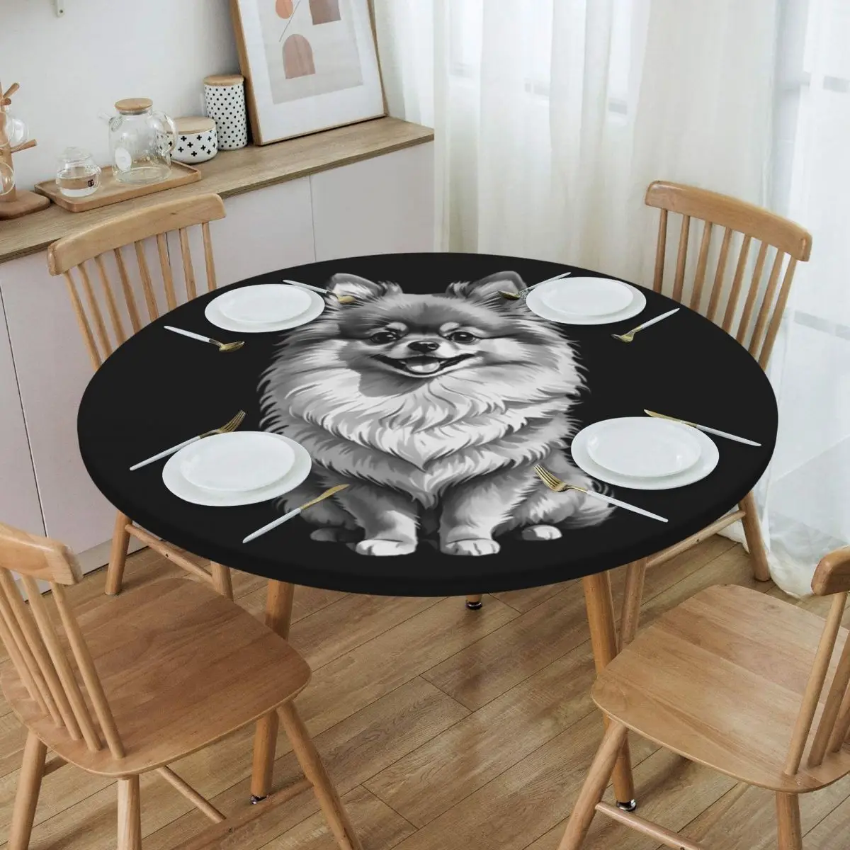Retro Pomeranian Funny Pomeranian Mom Pompom Dog Waterproof Round Tablecloth Table Cloth for Kitchen Events Dining Table Cover