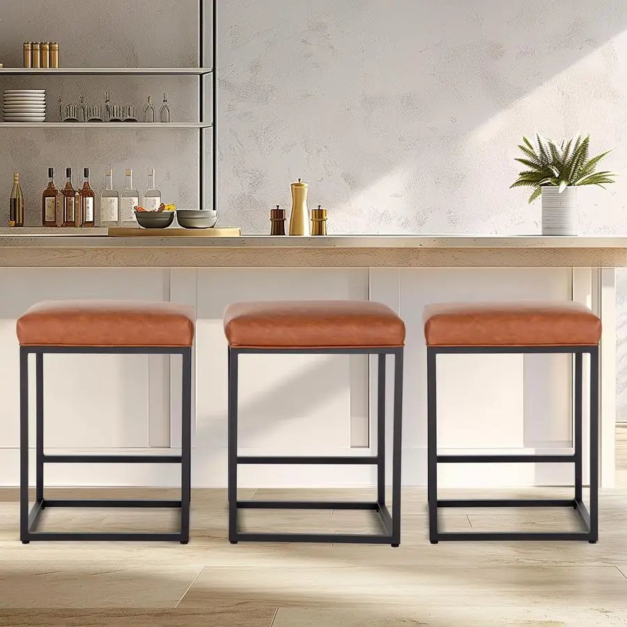 

Counter Height Bar Stools Set of 3 for Kitchen Counter 24 Inch Backless Modern Barstools Industrial Upholstered Faux Leather Sto